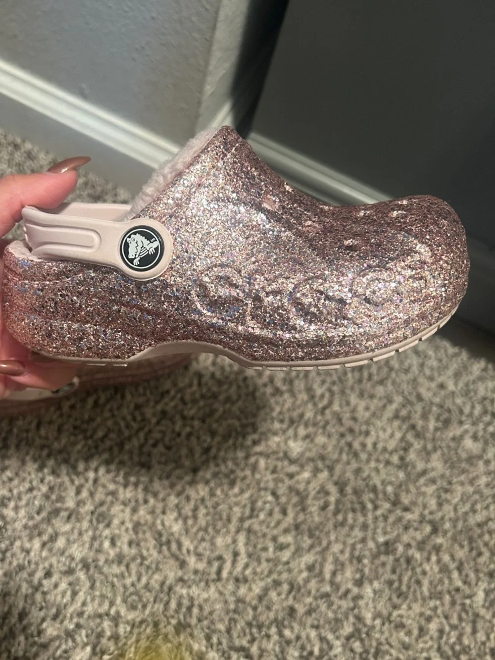 CROCS Kids Glitter Clog in Rose Gold with Light Pink Strap